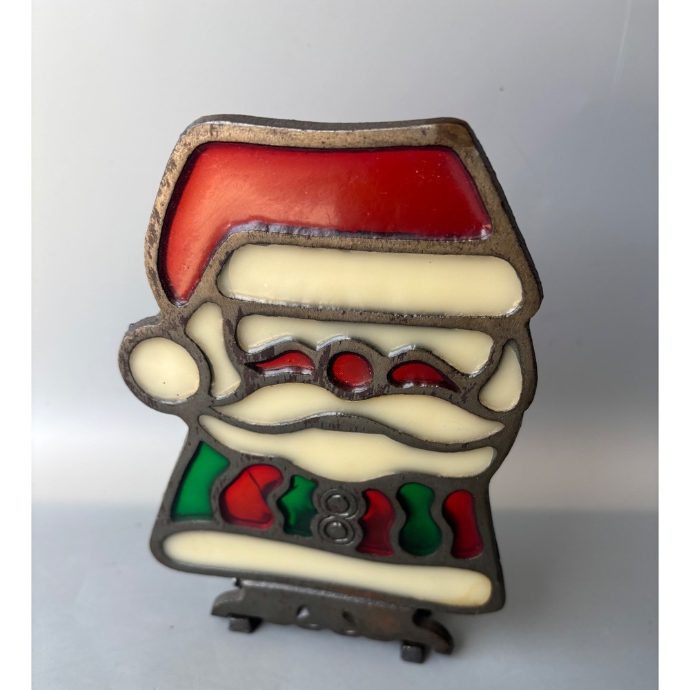 Vintage Cast Iron Santa Claus Tea Light Candle Holder Stained Glass Style Taiwan